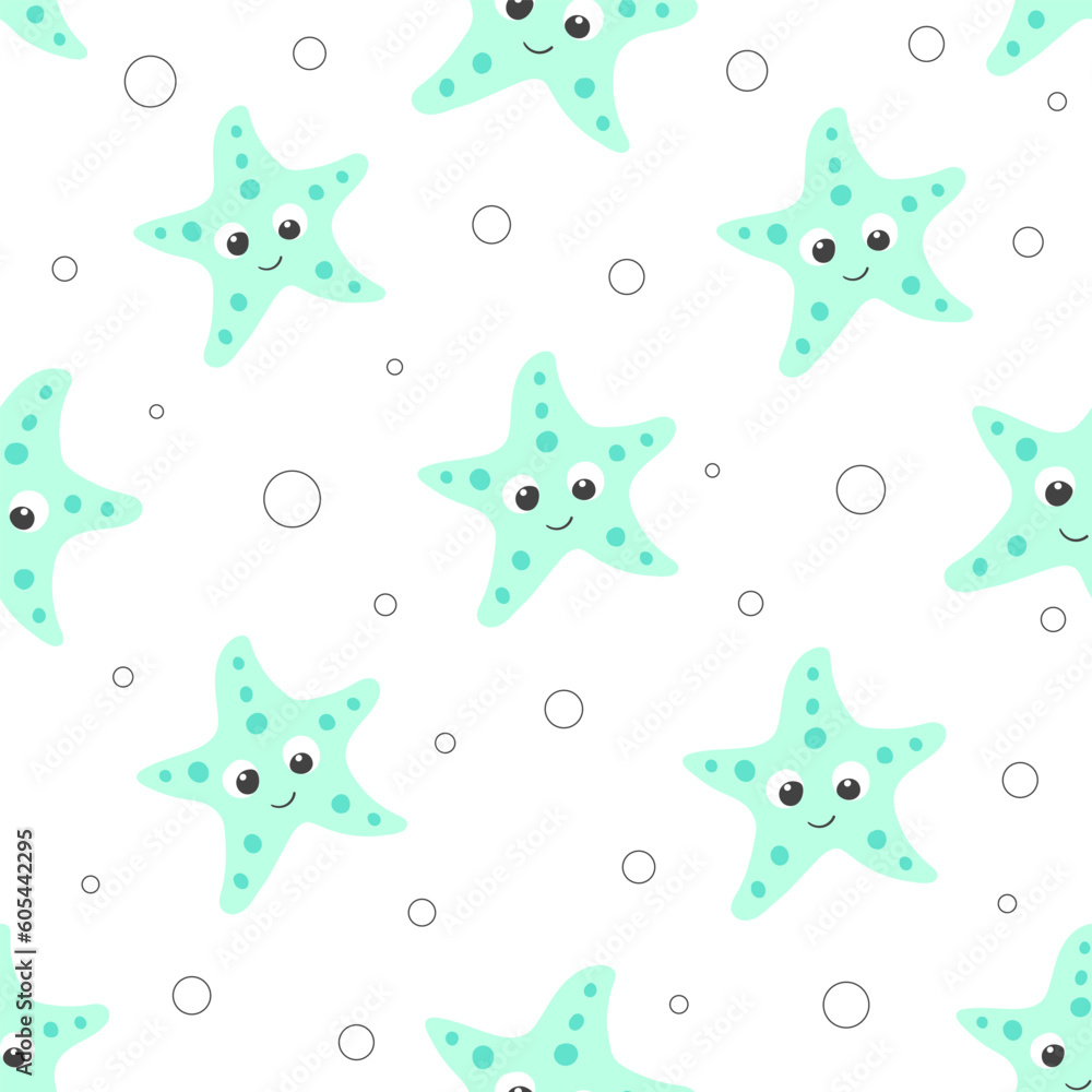 Cute light green starfish vector seamless pattern. Sea life childish flat cartoon background.
