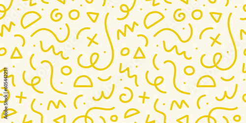 Fun colorful line doodle seamless pattern. Creative minimalist style art background for children or trendy design with basic shapes. Simple childish scribble backdrop.