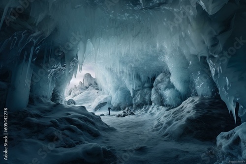 Spacious ice cavern with icy stalactites and snow-clad boulders  digitally produced. Generative AI
