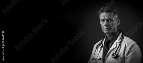 Black and white photorealistic studio portrait of a male medical doctor on black background. Generative AI illustration