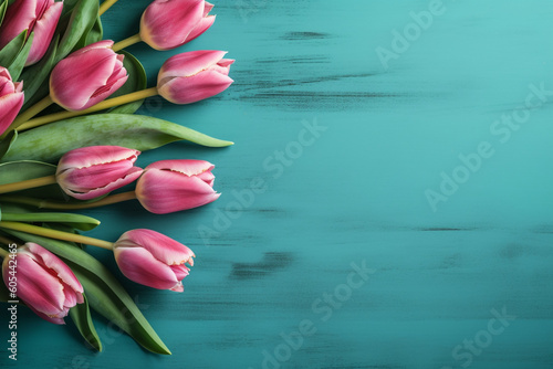 Pink tulips on a blue wooden background. Moher's day, women's day, anniversary easter background with copy space. High quality photo Generative AI