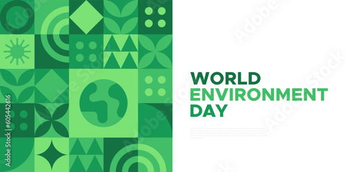 World Environment Day web template illustration with modern eco geometric nature mosaic. Green abstract geometry shape symbol background for online earth holiday or internet landing page.