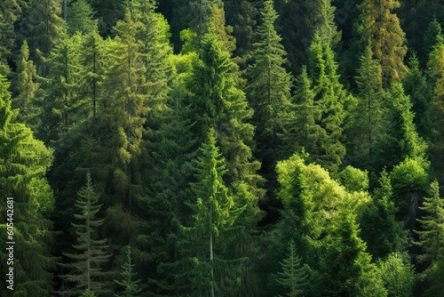 Healthy green trees in a forest of old spruce  fir and pine trees in wilderness of a national park  generative ai 