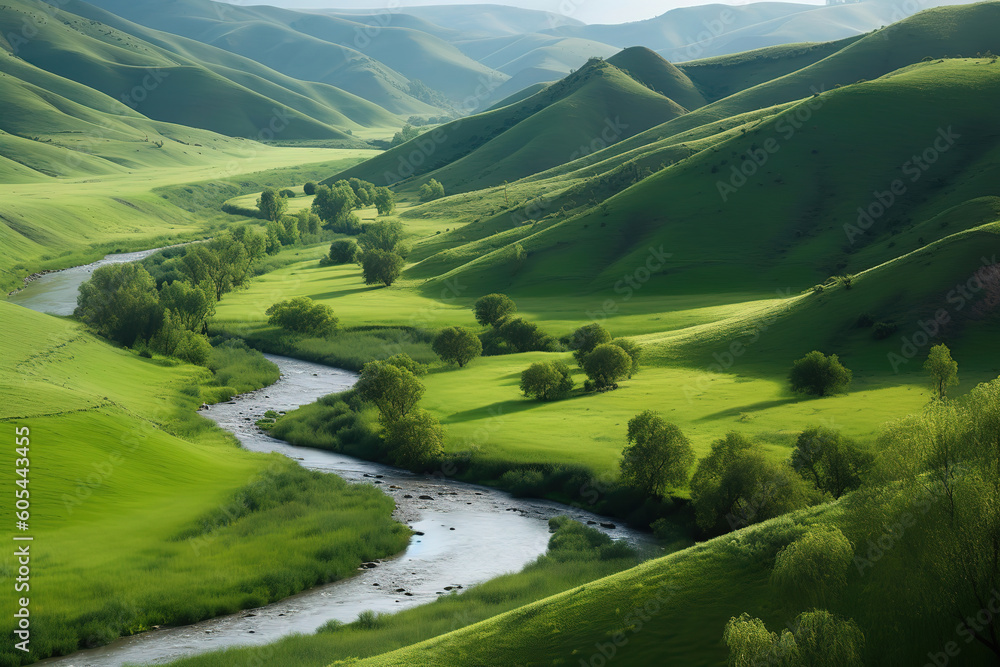 tranquil river winding through a green valley, generative ai tranquil river winding through a green valley, generative ai