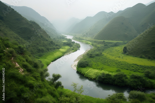 tranquil river winding through a green valley, generative ai 