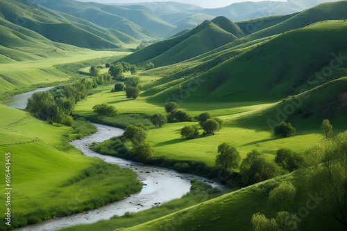 tranquil river winding through a green valley, generative ai 