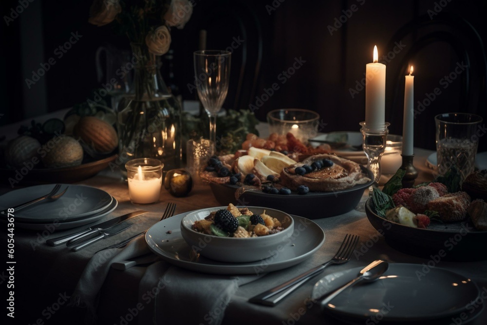 A table set for dinner with a lit candle at each end and a plate of food in the center. Generative AI