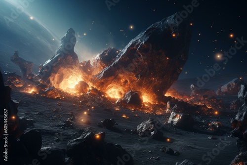 A space nebula filled with asteroids/meteorites in a sci-fi/fantasy art style. 3D illustration by artist. Generative AI