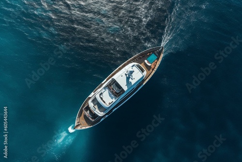 Bird's-eye view of high-end boat moored in exotic blue sea. Generative AI
