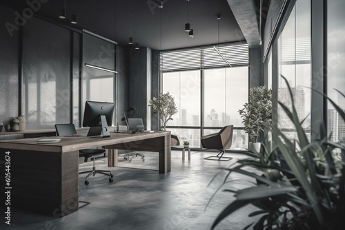 Office interior in shades of grey with areas for relaxation and work, a shelf, and a wide window with a view. Generative AI © Robert