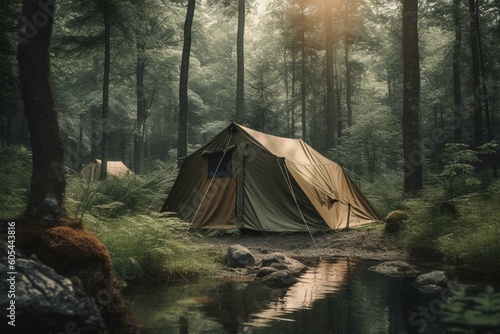 Forest camping tent for fishing and outdoor leisure. Generative AI