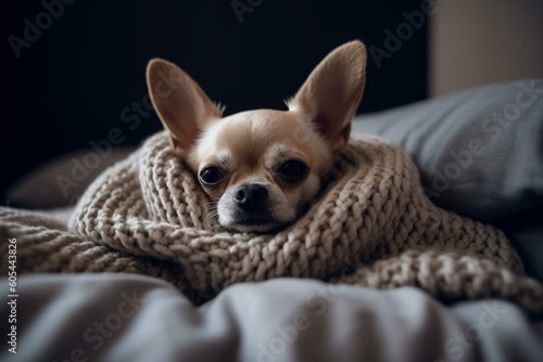 A cozy pup snoozes under a knitted throw on a bed. Generative AI