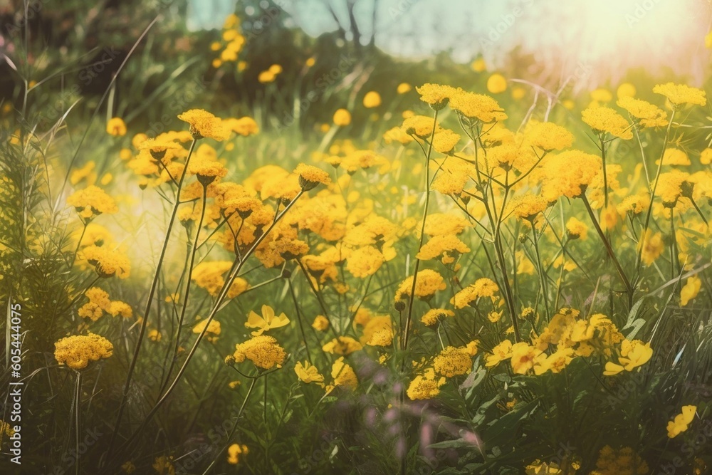 Illustration of blooming yellow wildflowers on peaceful land. Generative AI