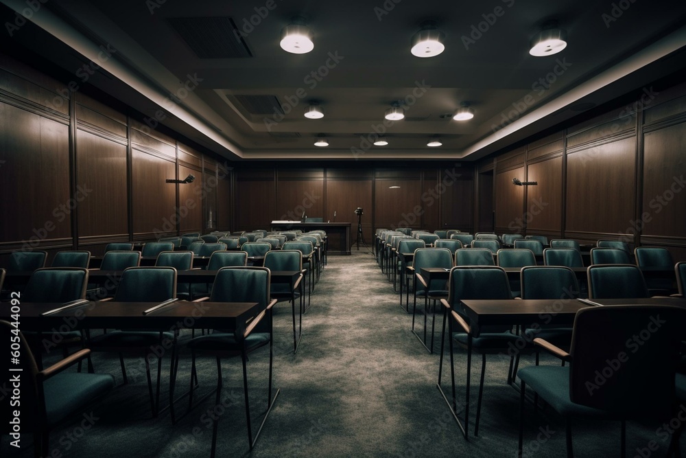 A conference room with rows of chairs for teaching or training. Generative AI