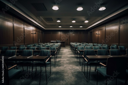 A conference room with rows of chairs for teaching or training. Generative AI