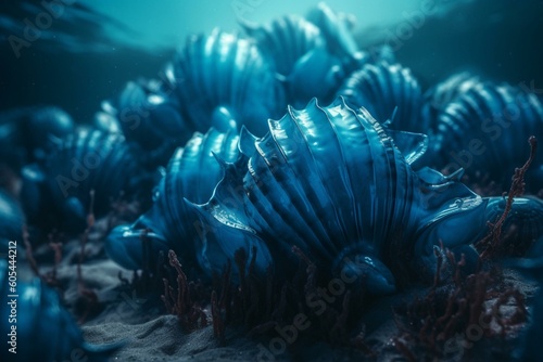 Blue shell fractal group on the ocean floor. Generative AI