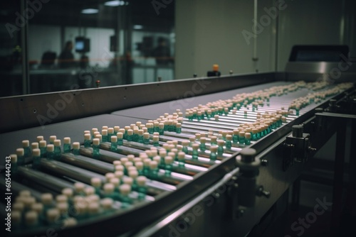 Conveyor for filling prescription meds in medical factory. Industry. Generative AI