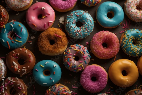 An aerial shot of donuts resting on colorful sprinkles. Generative AI