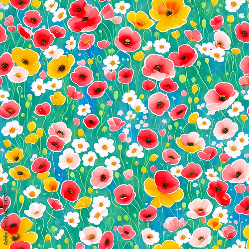 Floral Seamless Pattern with Multicolor Poppy Wild Flowers, Watercolour Wallpaper Design for Textile, Covers, Packages, Fabrics, Prints, Gift Wraps, Scrapbooking. AI Generated © Svetlana Moskaleva