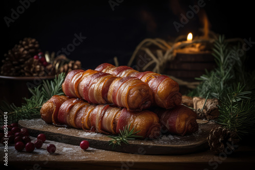 Irresistible Christmas Sausage & Bacon Appetizer: Tempting Pigs in Blankets Perfect for Parties and Gatherings - Generative AI