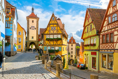 A sunny day at the picturesque village of Rothenburg ob der Tauber, Germany, the most famous stop along the Romantic Road drive through Bavaria.
