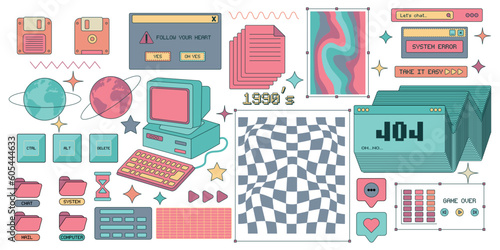 Collection of Y2k shapes and elements. Retro stickers with brutalist geometric shapes in graphic design style pack. Set of black and white icons.Vector illustration.