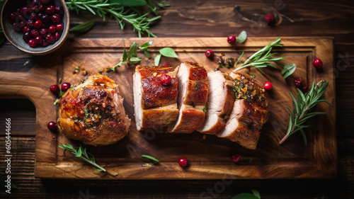 sliced ​​meat pork baked with cranberries for the holiday on a wooden board. Generative AI