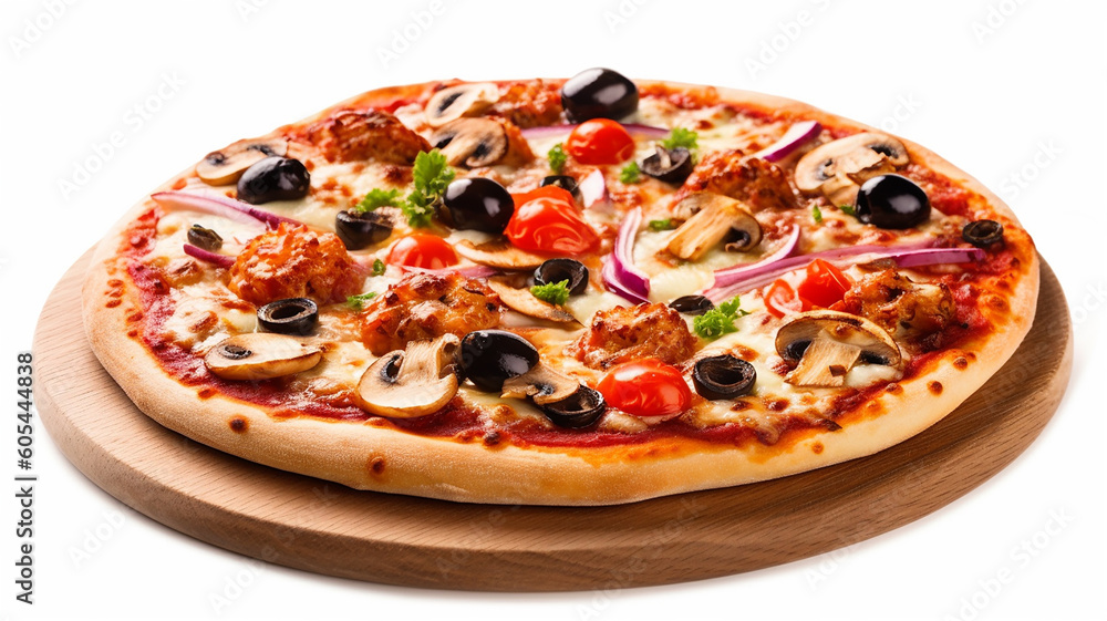 delicious food pizza on a wooden board on a white background. Generative AI