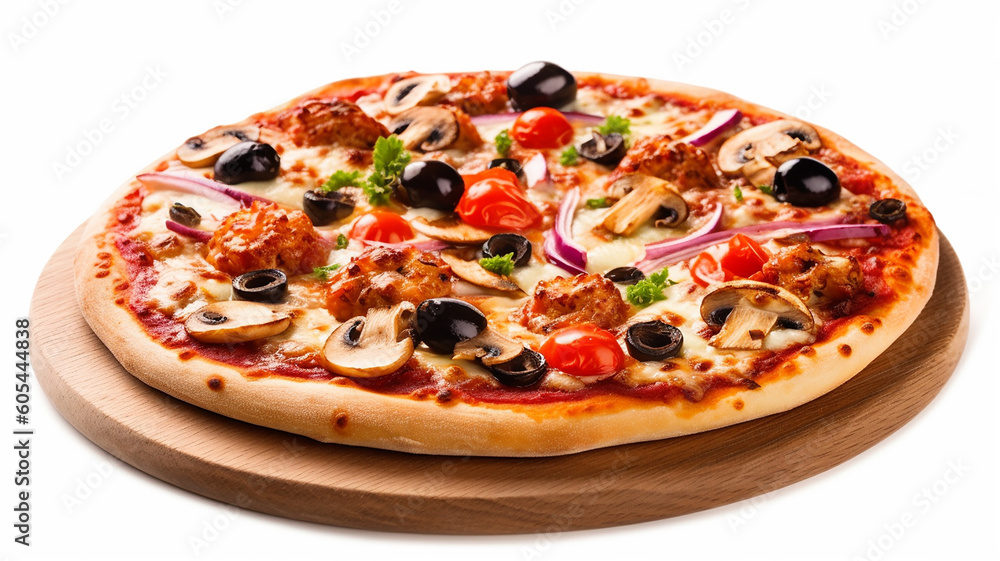 delicious food pizza on a wooden board on a white background. Generative AI delicious food pizza on a wooden board on a white background. Generative AI