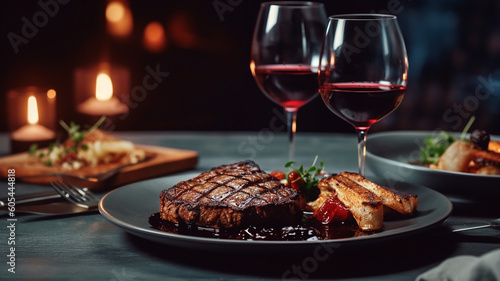 Photo delicious beef meat steak in a restaurant with a glass of wine for dinner
