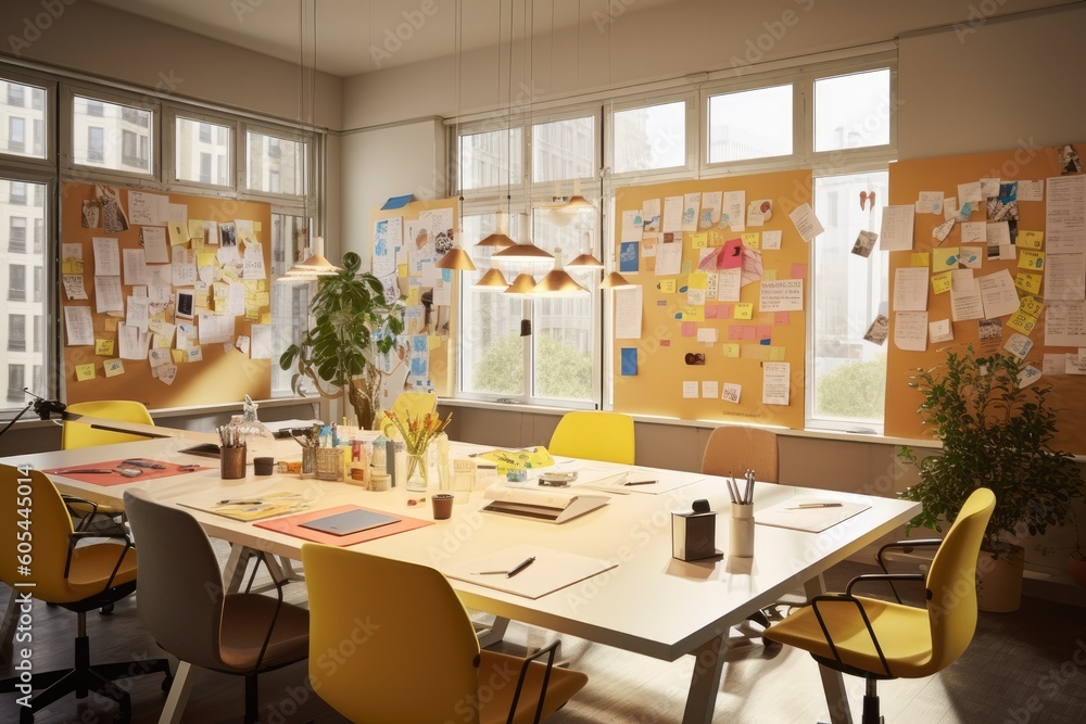 Collaborative creative business desk with a large communal table, whiteboards, and post-it notes, promoting teamwork and idea-sharing among creative professionals - Generative AI