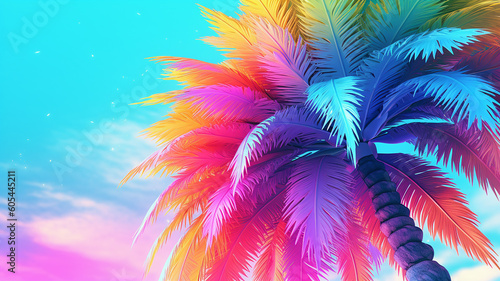 multi-colored branches of a palm tree on a blue background sky. Generative AI © Sheviakova