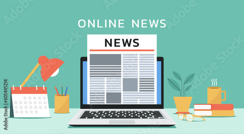 online news concept on digital newspaper document on laptop screen, vector flat illustration