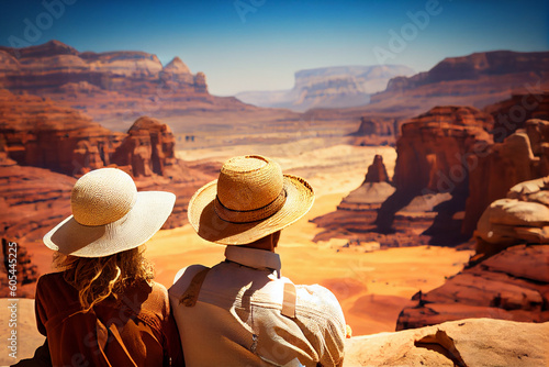 A man and a woman, a family young couple of tourists in straw sombrero hats, view from the back, admire the landscape. Generated by artificial intelligence.