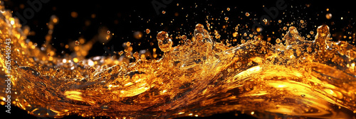 golden color water splash banner with beer texture on black background .Generative AI