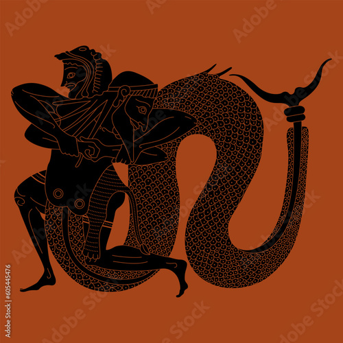 Ancient Greek hero Heracles fighting river god Achelous with fish tail. Vase painting style. Black and red silhouette.