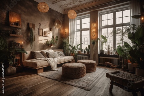 A trendy and chic living space combining modern and rustic design elements with luxurious touches and bohemian flair. Keywords: boho, modern, cozy, rustic, luxury, bohemian, chic,. Generative AI