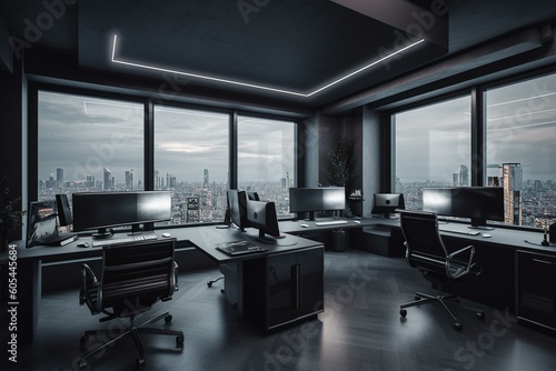 Gray office with PCs, panoramic window & frame. Generative AI