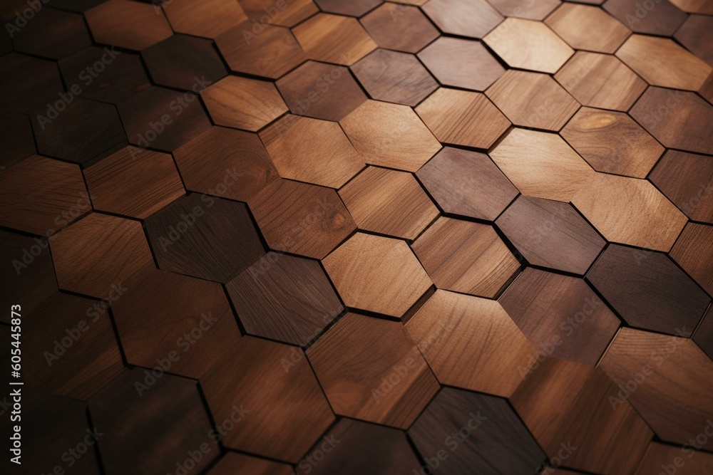3D hexagonal wooden tiles arranged in mosaic pattern to create a soft sheen wall background. Generative AI