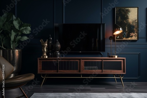 3d rendered television stand against dark blue living room wall. Generative AI © Anthony