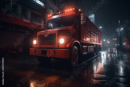 A red truck parked in a dark futuristic street. 3D rendering. Generative AI