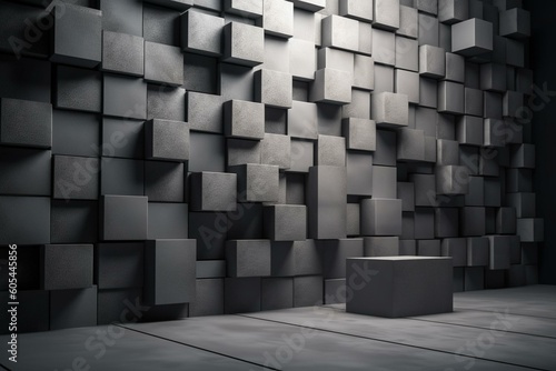 3D wall made of semigloss tiles on a futuristic concrete background with rectangle blocks. Rendered. Generative AI