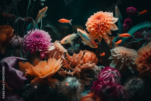 Colorful fish swimming in an isolated aquarium surrounded by flowers and plants. A beautiful aquatic pet in shades of gold, orange, pink, and purple. Generative AI