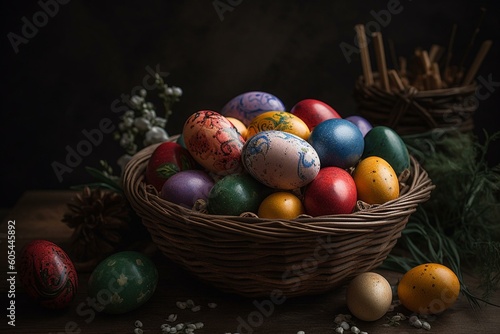 Experience Easter joy with a vibrant basket full of colorful eggs. Generative AI