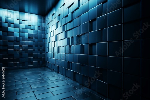 Sleek tiles form a modern wall with a 3D blue block background. Rendered for a futuristic effect. Generative AI