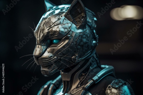 Futuristic armor-clad lifelike kitty for commercial/editorial use with surrealist elements. Keywords: cyberpunk, high-tech, surrealism, advertisement. Generative AI