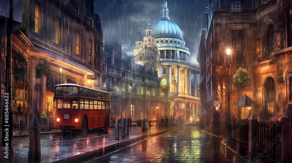 streets of London with red buses on a rainy day. 
Generative AI.