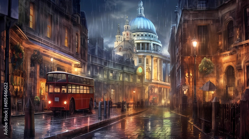 streets of London with red buses on a rainy day. Generative AI.
