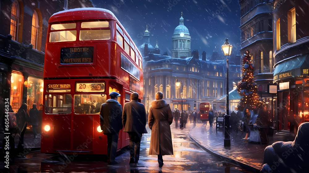 Art of the streets of London with red buses at Christmas.
Generative AI.