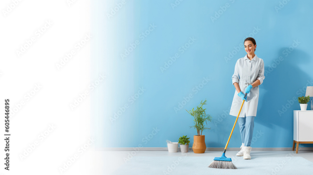 cleaner lady housekeeper, holding a mop and smiling while working in a modern office space cleaner lady housekeeper, holding a mop and smiling while working in a modern office space
